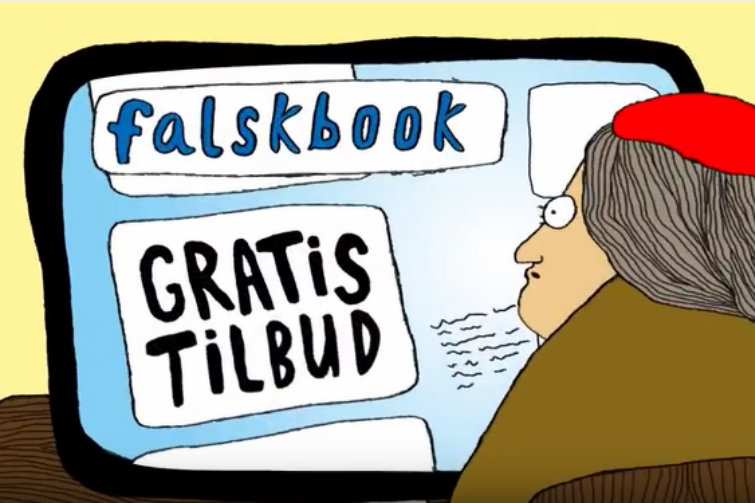 En kvinne sitter foran en skjerm der det lokkes med gratis tilbud. Tegnet illustrasjon.