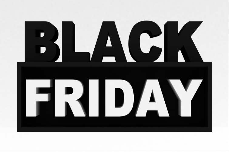 En sort-hvitt-logo med teksten Black Friday. Foto.